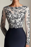 Black Scoop Neck Applique Sheath Mother of the Bride Dress