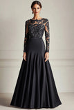 Black A Line Satin Lace Applique Mother of the Bride Dress
