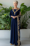 Navy Chiffon Lace Embroidery Mother of the Bride Dress with Side Cape