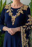 Navy Chiffon Lace Embroidery Mother of the Bride Dress with Side Cape
