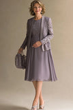 Vintage Mauve Chiffon Lace Knee Length Mother of the Bride Dress with Jacket
