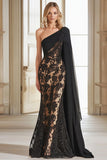 Black Lace One Shoulder Sheath Mother of the Bride Dress with Side Cape