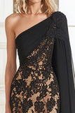 Black Lace One Shoulder Sheath Mother of the Bride Dress with Side Cape