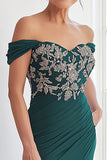 Dark Green Sheath Off The Shoulder Applique Mother of the Bride Dress