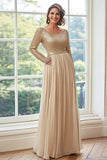 Golden Scoop Neck Chiffon Pleated A Line Mother of the Bride Dress