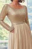 Golden Scoop Neck Chiffon Pleated A Line Mother of the Bride Dress