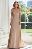 Off The Shoulder Taupe Sheath Embroidery Mother of the Bride Dress