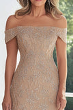 Off The Shoulder Taupe Sheath Embroidery Mother of the Bride Dress