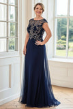 Navy Scoop Neck Tulle Embroidered Sheath Mother of the Bride Dress