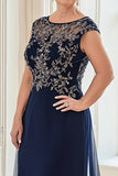Navy Scoop Neck Tulle Embroidered Sheath Mother of the Bride Dress