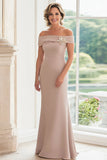 Taupe Satin Off The Shoulder Sheath Mother of the Bride Dress with 3D Flowers