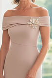Taupe Satin Off The Shoulder Sheath Mother of the Bride Dress with 3D Flowers