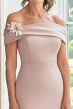 Taupe Satin Off The Shoulder Sheath Mother of the Bride Dress with 3D Flowers