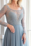 Grey Blue A Line Lace Boat Neck Applique Tulle Mother of the Bride Dress