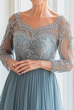 Elegant Grey Blue Embroidered Tulle A Line Mother of the Bride Dress