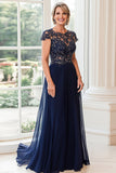 Navy Cape Sleeves Chiffon A Line Mother of the Bride Dress with Lace