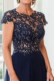 Navy Cape Sleeves Chiffon A Line Mother of the Bride Dress with Lace