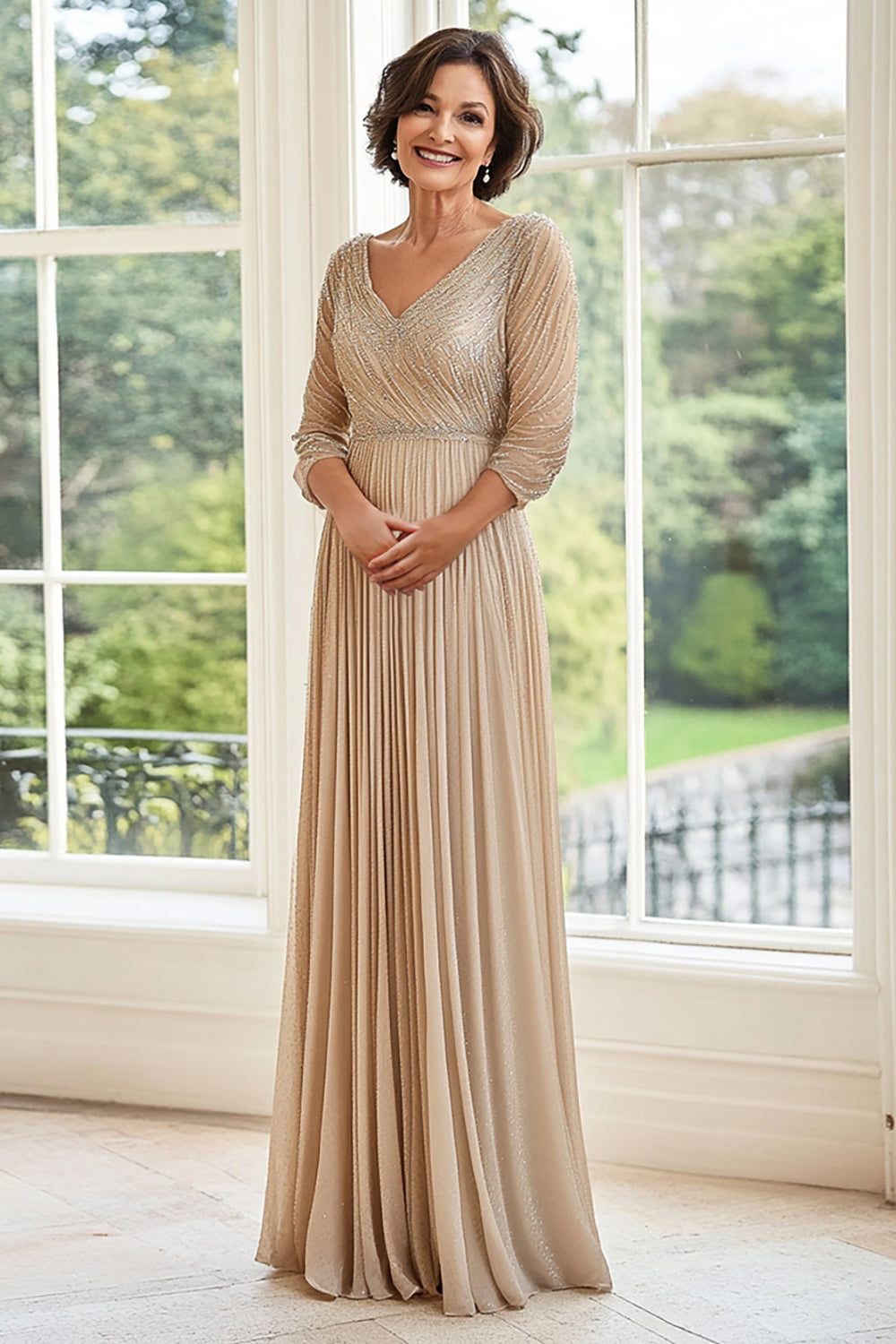 Leely Women Sparkly V-Neck Champagne A Line Mother of the Bride Dress Pleated Floor Length Chiffon Wedding Guest Dress leelyuk Leely Women Sparkly V-Neck Champagne A Line Mother of the Bride Dress Pleated Floor Length Chiffon Wedding Guest Dress leelyuk