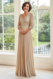 Glitter V-Neck Champagne Pleated A Line Mother of the Bride Dress