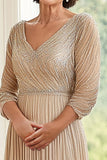 Glitter V-Neck Champagne Pleated A Line Mother of the Bride Dress