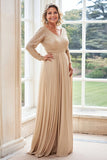 Sparkly V-Neck Champagne Long Sleeves A Line Mother of the Bride Dress