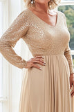 Sparkly V-Neck Champagne Long Sleeves A Line Mother of the Bride Dress