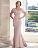 Blush V-Neck Ruched Short Sleeves Mermaid Mother of the Bride Dress