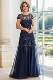 Elegant Lace Applique Navy Cap Sleeves A Line Mother of the Bride Dress
