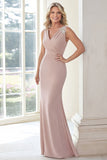 Blush Mermaid V-Neck Floor Length Mother of the Bride Dress
