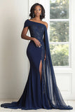 Navy One Shoulder Mermaid Side Cape Mother of the Bride Dress with Slit