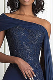 Navy One Shoulder Mermaid Side Cape Mother of the Bride Dress with Slit