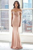 Blush Off The Shoulder Pleated Satin Sheath Mother of the Bride Dress