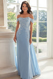 Sky Blue Off The Shoulder Sheath Mother of the Bride Dress with Lace Applique