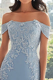 Sky Blue Off The Shoulder Sheath Mother of the Bride Dress with Lace Applique