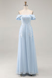Sky Blue Long Sheath Mother of the Bride Dress with Lace Applique