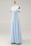 Sky Blue Long Sheath Mother of the Bride Dress with Lace Applique