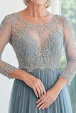 Dusty Blue Tulle Long Sleeves A Line Mother of the Bride Dress
