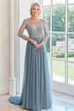 Dusty Blue Tulle Long Sleeves A Line Mother of the Bride Dress