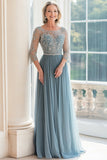Dusty Blue Tulle 3/4 Sleeves Lace Applique Mother of the Bride Dress