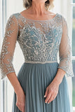 Dusty Blue Tulle 3/4 Sleeves Lace Applique Mother of the Bride Dress