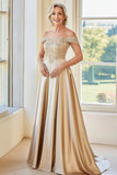Champagne Off The Shoulder Embroidery A Line Mother of the Bride Dress