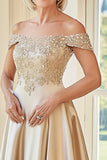 Champagne Off The Shoulder Embroidery A Line Mother of the Bride Dress