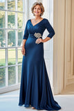 Navy Satin V-Neck Sheath Mother of the Bride Dress