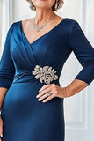 Navy Satin V-Neck Sheath Mother of the Bride Dress