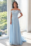 Chiffon Sky Blue Off The Shoulder A Line Mother of the Bride Dress with Lace