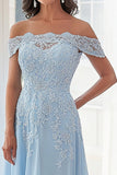 Chiffon Sky Blue Off The Shoulder A Line Mother of the Bride Dress with Lace