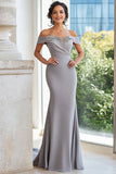 Sheath Grey Satin Off The Shoulder Mother of the Bride Dress