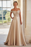 Off The Shoulder Champagne A Line Mother of the Bride Dress with Applique