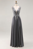 Charcoal A Line Applique V-Neck Long Mother of the Bride Dress with Slit