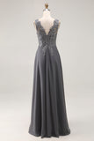 Charcoal A Line Applique V-Neck Long Mother of the Bride Dress with Slit